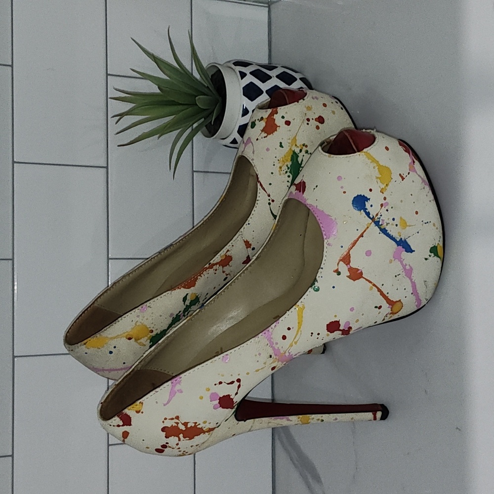 Christian Louboutin White Multicolor Paint-Splatter Peep-Toe Pumps